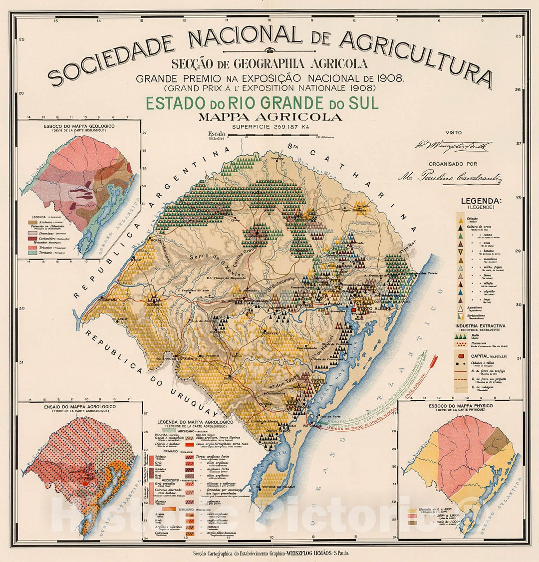 Historic Map : Estado do Rio Grande do Sul : Mappa agricola, 1908, Vintage Wall Decor