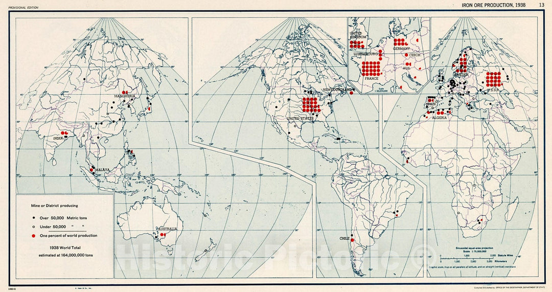 Historic Map : Iron Ore Production, 1938, 13., 1943, Vintage Wall Decor
