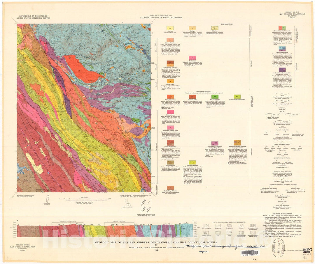Map : Geologic map of the San Andreas quadrangle, Calaveras County, California, 1963 Cartography Wall Art :