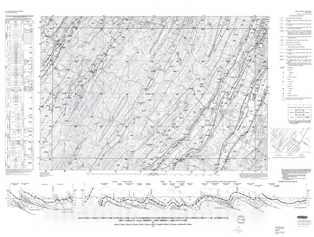 Map : Conodont color alteration index (CAI) map and conodont-based age determinations for the Winchester 30' x 60' quadrangle and adjace, 1994 Cartography Wall Art :