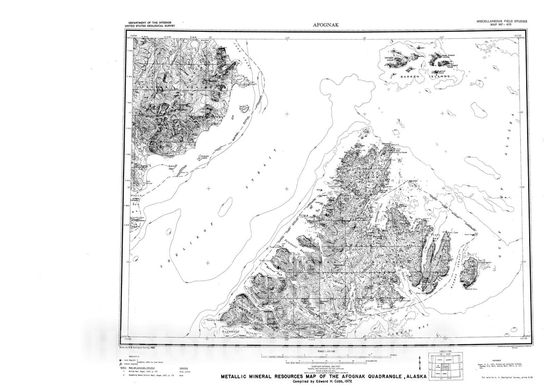 Map : Metallic mineral resources map of the Afognak quadrangle, Alaska, 1972 Cartography Wall Art :
