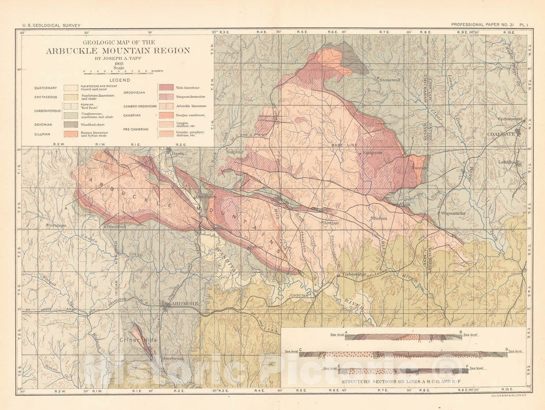 Map : Geology of the Arbuckle and Wichita Mountains in Indian Territory and Oklahoma, with an appendix on reported ore deposits of the Wichita Mountains, 1904 Cartography Wall Art :