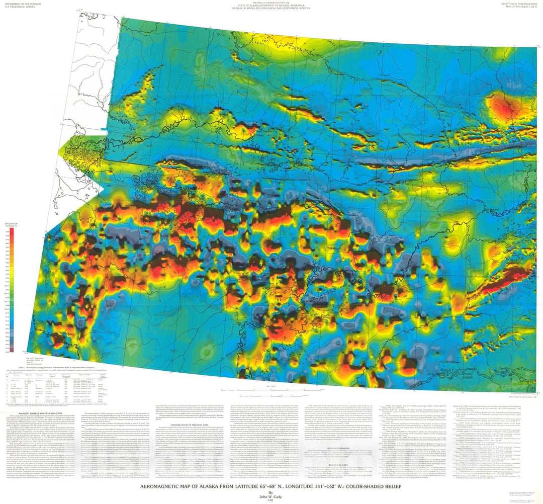 Map : Aeromagnetic map of Alaska from latitude sixty-five degrees-68 degrees N, longitude 141 degrees-162 degrees W: color-shaded relief, 1990 Cartography Wall Art :