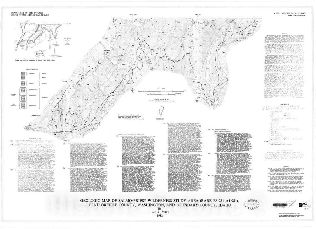 Map : Geologic map of Salmo-Priest Wilderness Study Area (RARE E6-981 A1-981) Pend Oreille County, Washington, and Boundary County, Idaho, 1982 Cartography Wall Art :