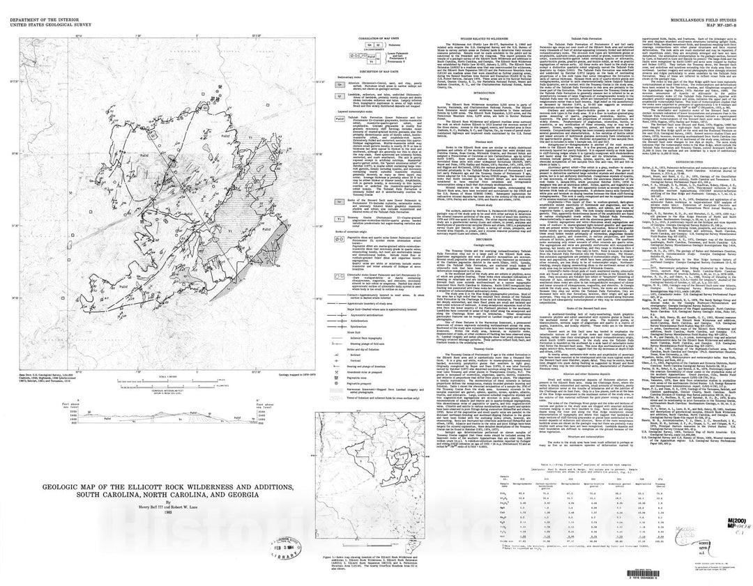Map : Geologic map of the Ellicott Rock Wilderness and additions, South Carolina, North Carolina, and Georgia, 1983 Cartography Wall Art :