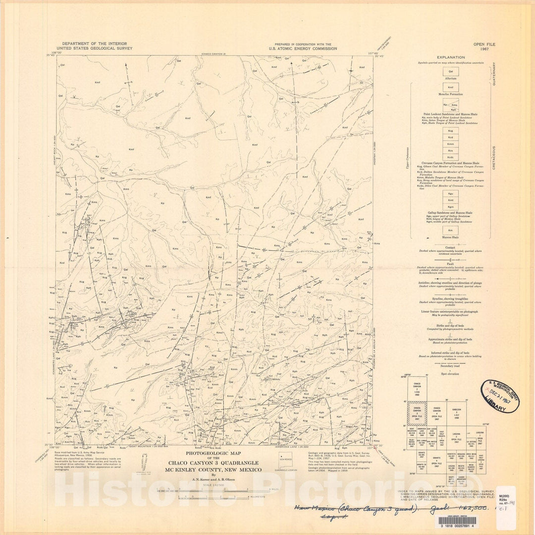 Map : Photogeologic map of the Chaco Canyon three quadrangle, McKinley County, New Mexico, 1967 Cartography Wall Art :