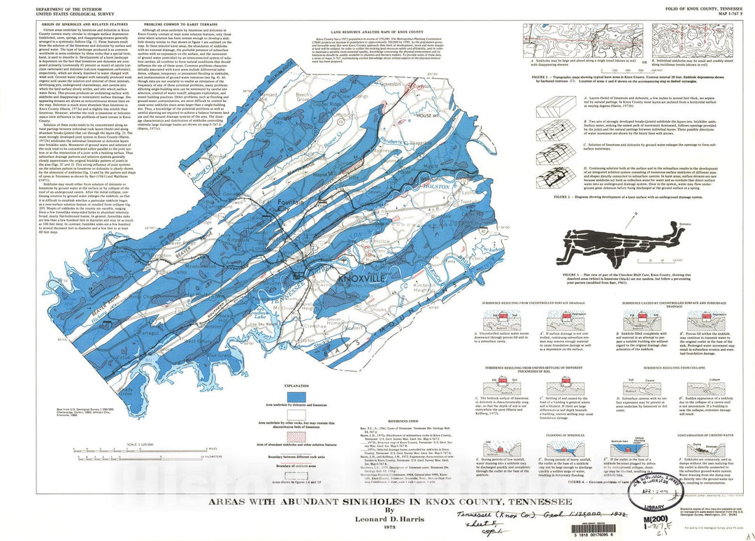 Map : Areas with abundant sinkholes in Knox County, Tennessee, 1973 Cartography Wall Art :