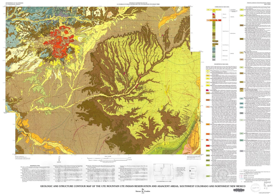Map : Geologic and structure contour map of the Ute Mountain Ute Indian Reservation and adjacent areas, southwest Colorado and northwest New Mexico, 1991 Cartography Wall Art :