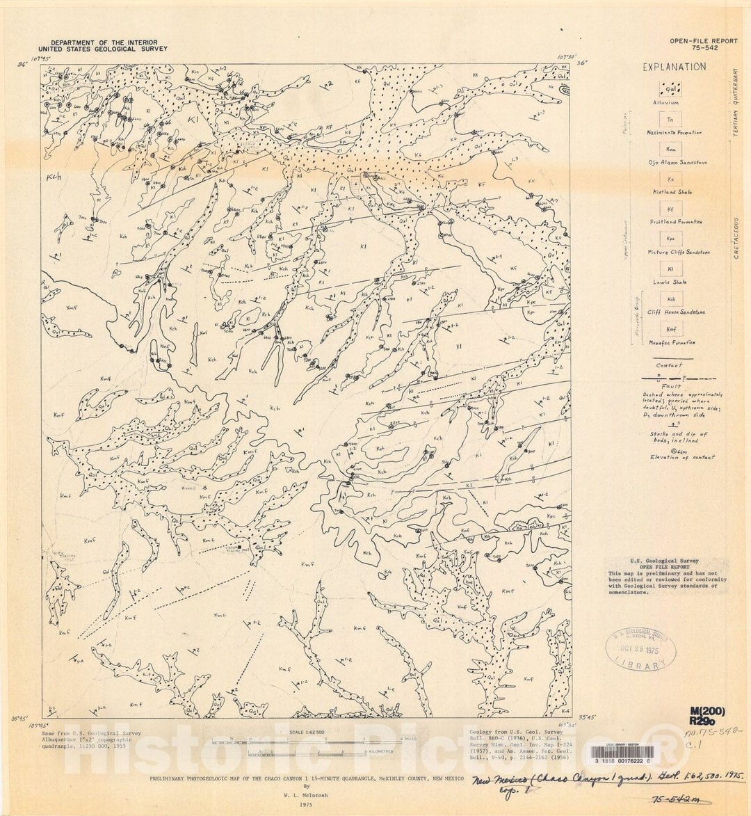 Map : Preliminary photogeologic map of the Chaco Canyon 1, 15-minute quadrangle, McKinley County, New Mexico, 1975 Cartography Wall Art :