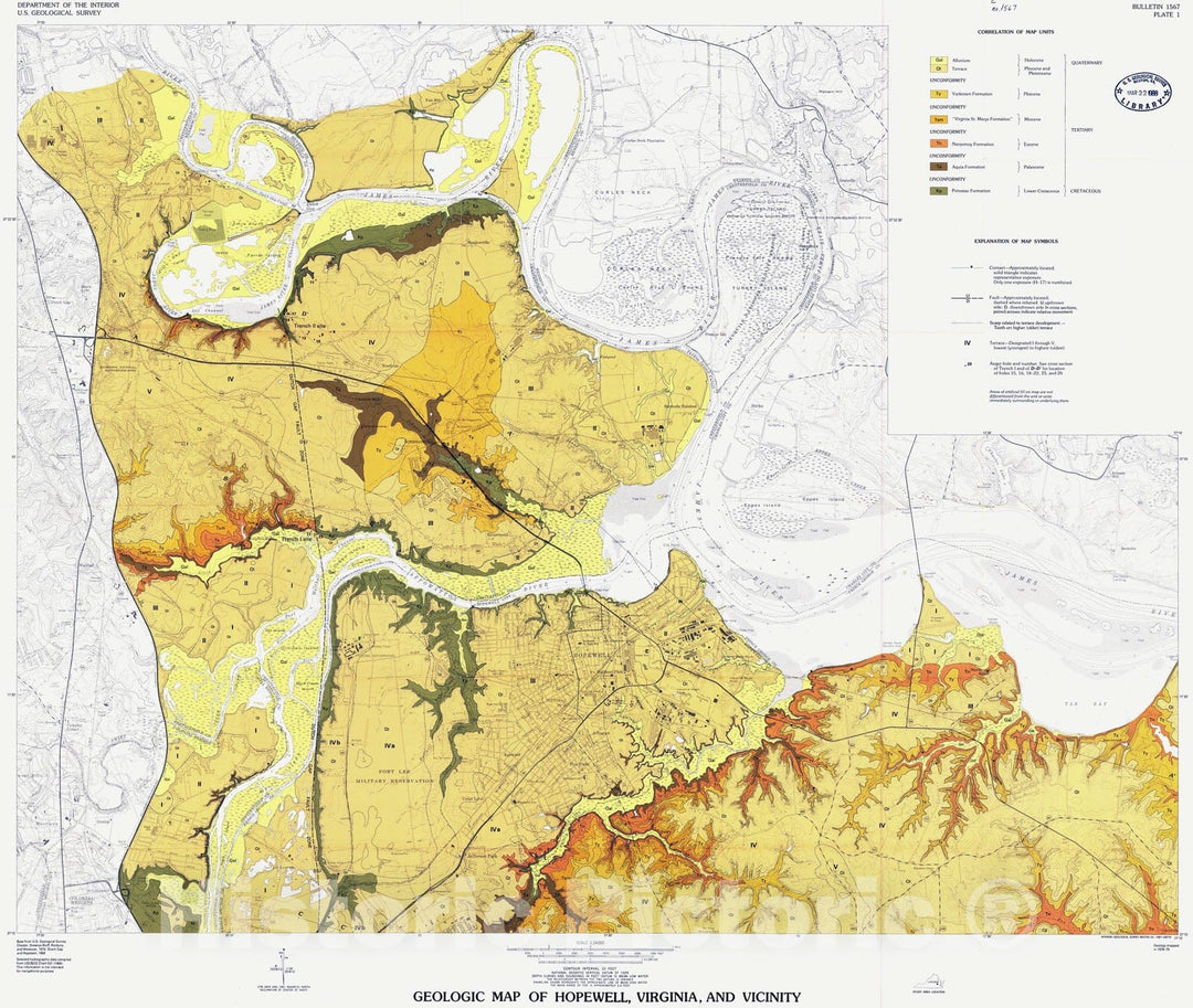 Map : Late Mesozoic and Cenozoic stratigraphic and structural framework near Hopewell, Virginia, 1987 Cartography Wall Art :