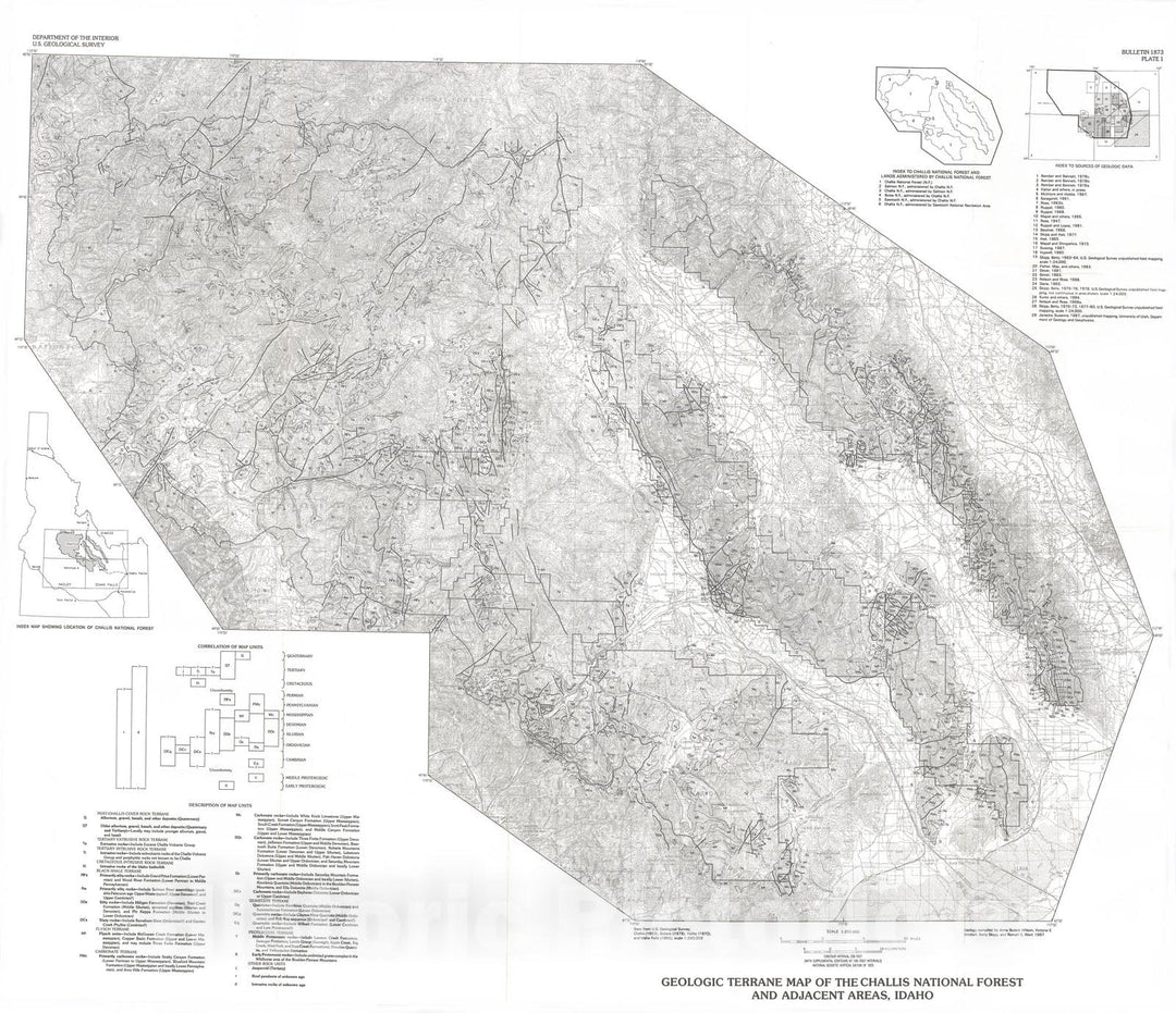 Map : Mineral resource potential and geology of the Challis National Forest, Idaho, with a section on salable minerals, 1989 Cartography Wall Art :