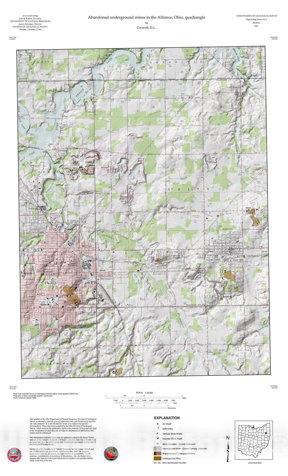 Map : Abandoned underground mines in the Alliance, Ohio, quadrangle, 1981 Cartography Wall Art :