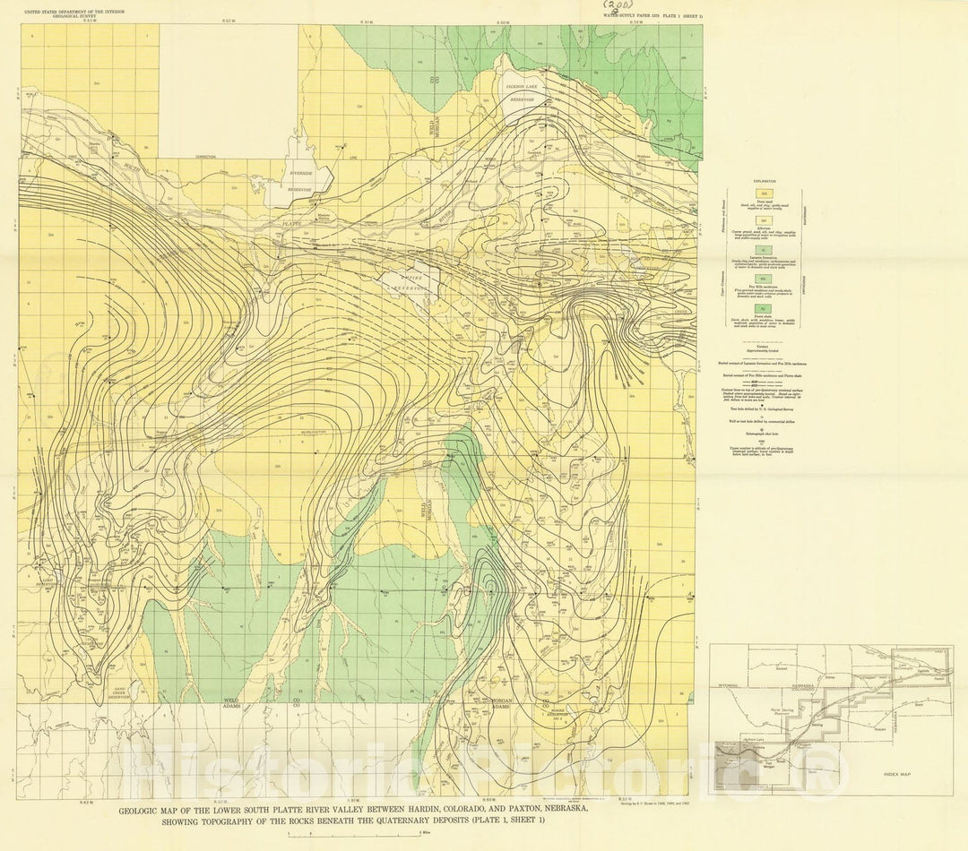 Map : Geology and ground water resources of the lower South Platte River valley between Hardin, Colorado, and Paxton, Nebraska, 1957 Cartography Wall Art :