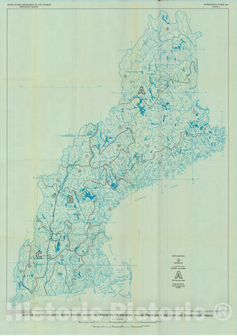 Map : Magnitude and frequency of floods in the Unites States, part 1-A. North Atlantic slope basins, Maine to Connecticut, 1964 Cartography Wall Art :