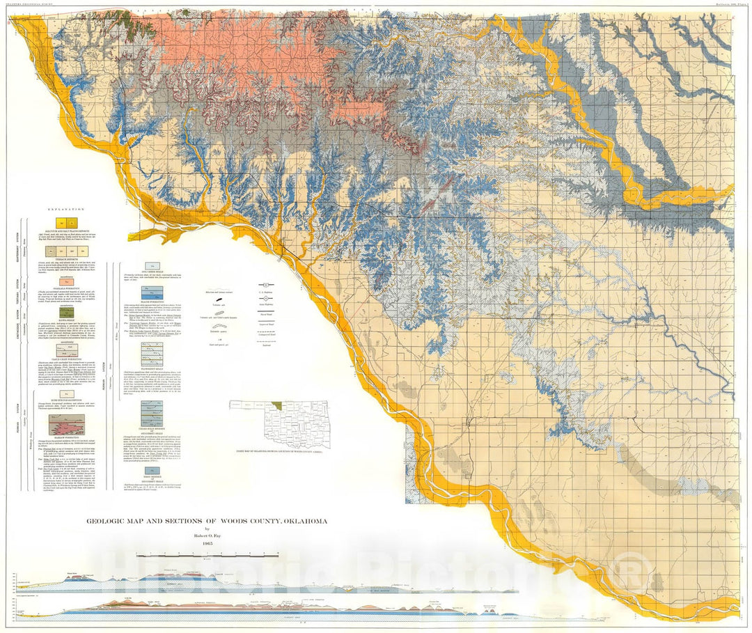 Map : Plate 1. Geologic map and sections of Woods County, Oklahoma, 1965 Cartography Wall Art :