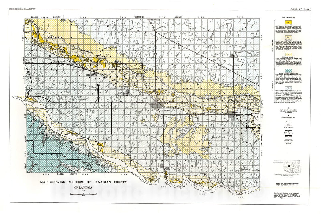 Map : Plate 1. Map showing aquifers of Canadian County, Oklahoma, 1960 Cartography Wall Art :