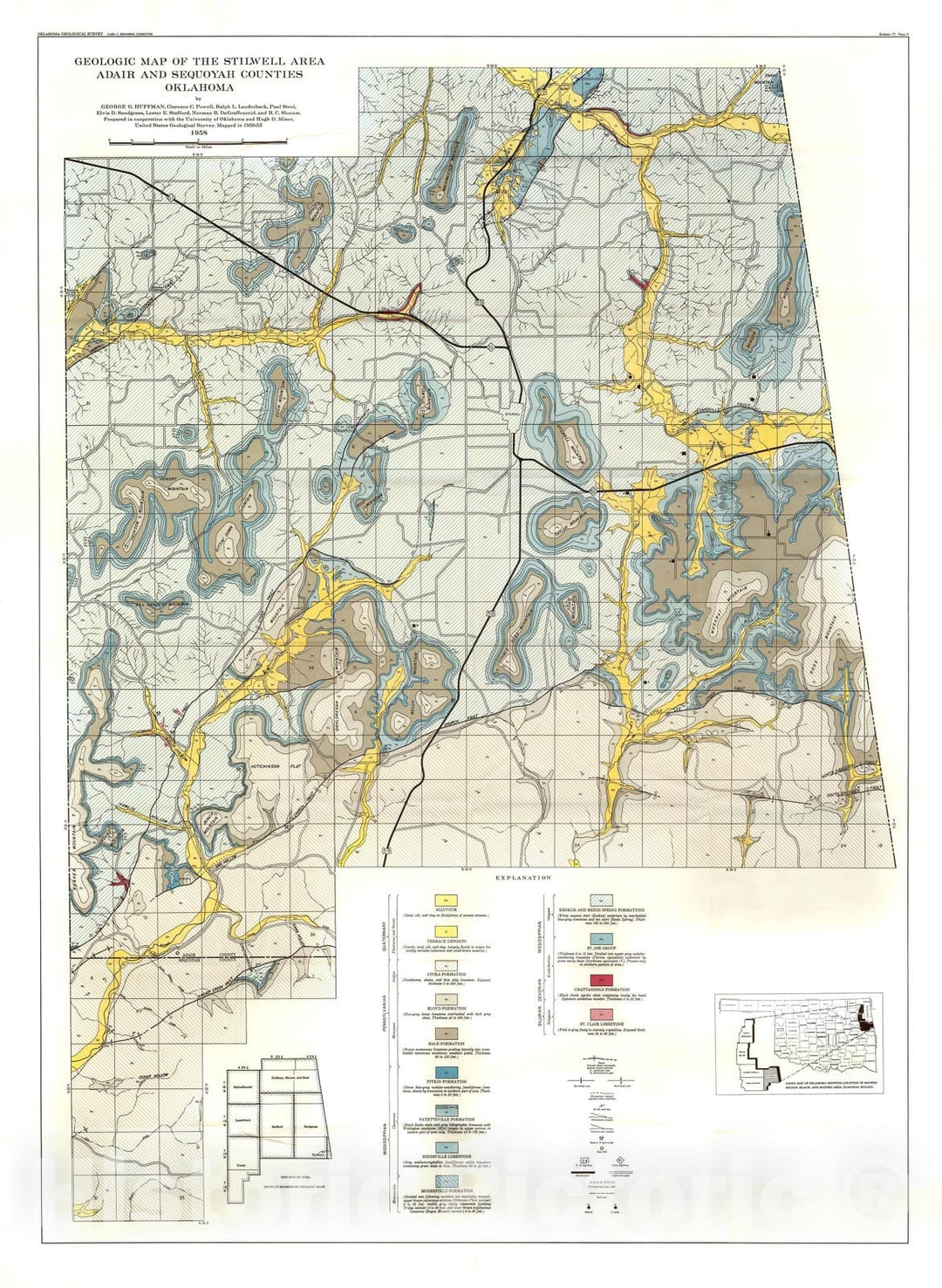 Map : Plate 5. Geologic map of the Stilwell area Adair and Sequoyah Counties, Oklahoma, 1958 Cartography Wall Art :