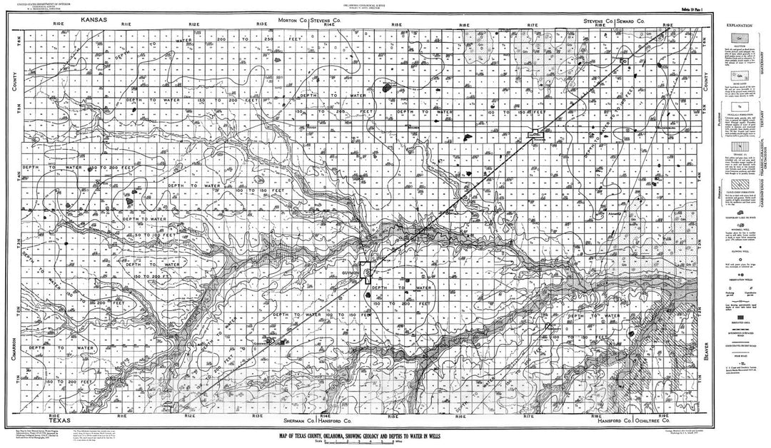 Map : Plate 1. Map of Texas County, Oklahoma, showing geology and depths to water in wells, 1939 Cartography Wall Art :