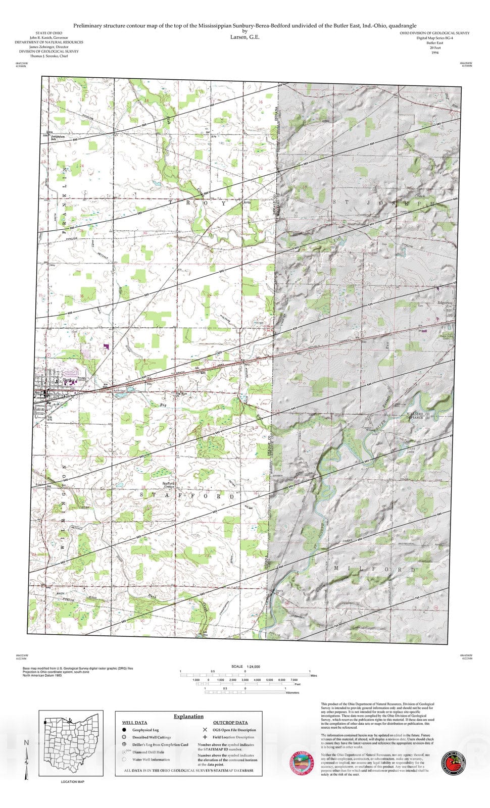 Map : Preliminary structure contour map of the top of the Mississippian Sunbury-Berea-Bedford undivided of the Butler East, Ind.-Ohio, quadrangle, 1994 Cartography Wall Art :
