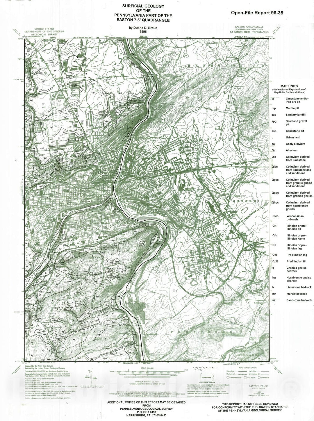 Map : Surficial geology of the Pennsylvania part of the Easton 7.5' quadrangle, Northampton County, Pennsylvania, 1996 Cartography Wall Art :