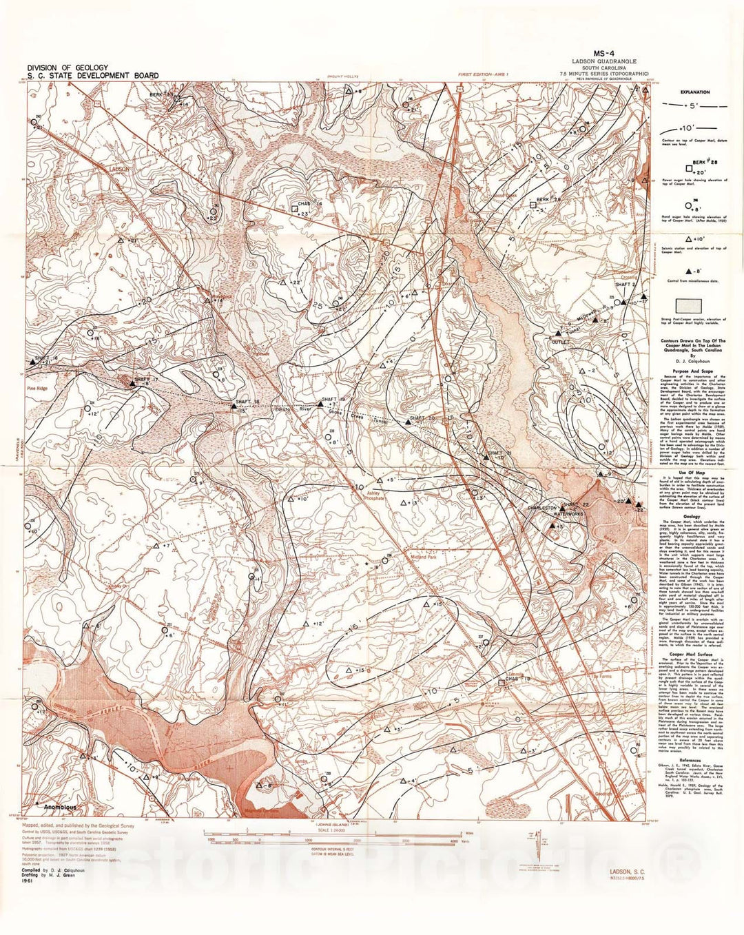 Map : Contours drawn on top of the Cooper marl in the Ladson quadrangle, South Carolina, 1961 Cartography Wall Art :