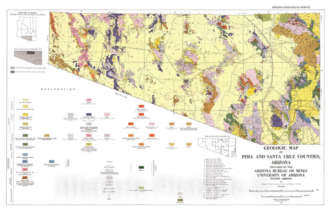 Map : Geologic map of Pima and Santa Cruz Counties, Arizona, 1960 Cartography Wall Art :