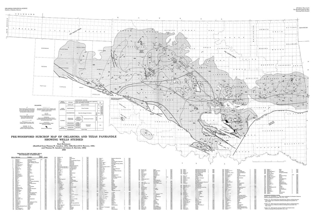 Map : Plate 6. Pre-Woodford subcrop map of Oklahoma and Texas Panhandle showing wells studied, 2000 Cartography Wall Art :
