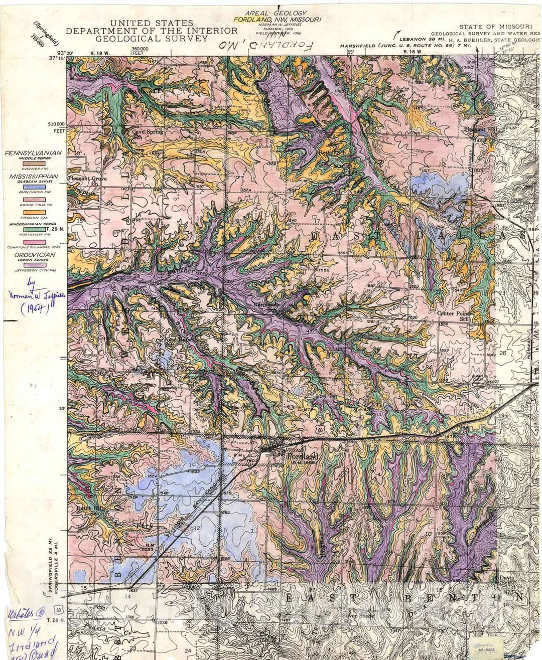 Map : Areal geology of the Fordland area, northwest Missouri, 1954 Cartography Wall Art :