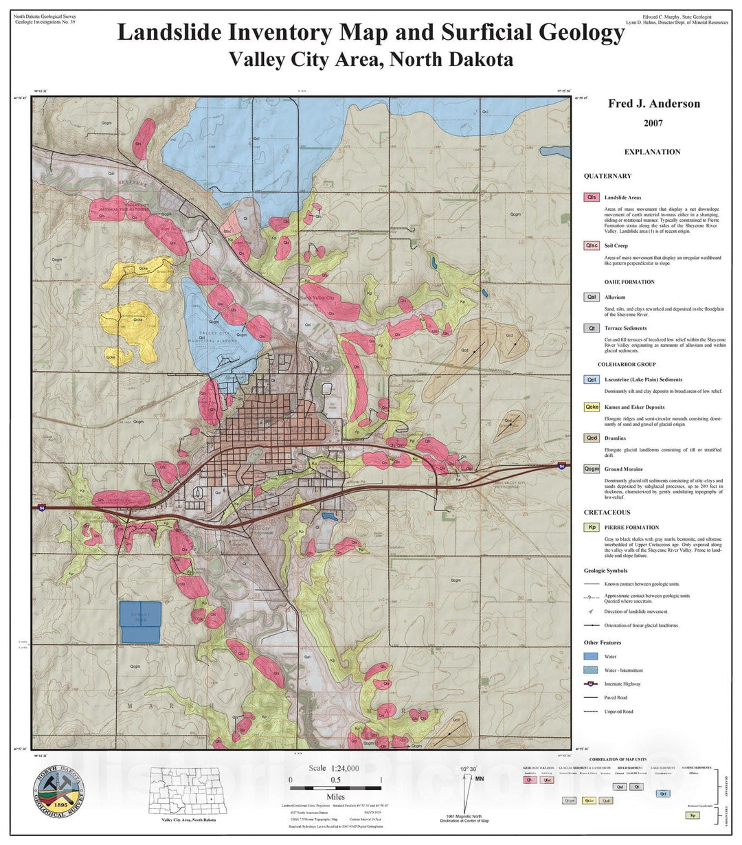 Map : Landslide inventory map and surficial geology, Valley City area, North Dakota, 2007 Cartography Wall Art :