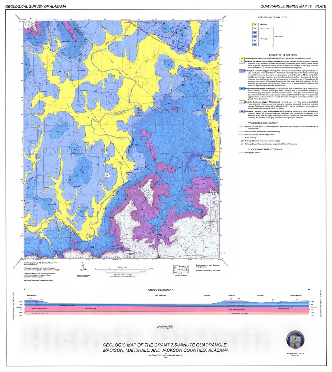 Map : Geology of the Grant 7.5-minute quadrangle, Madison, Marshall, and Jackson Counties, Alabama, 2007 Cartography Wall Art :