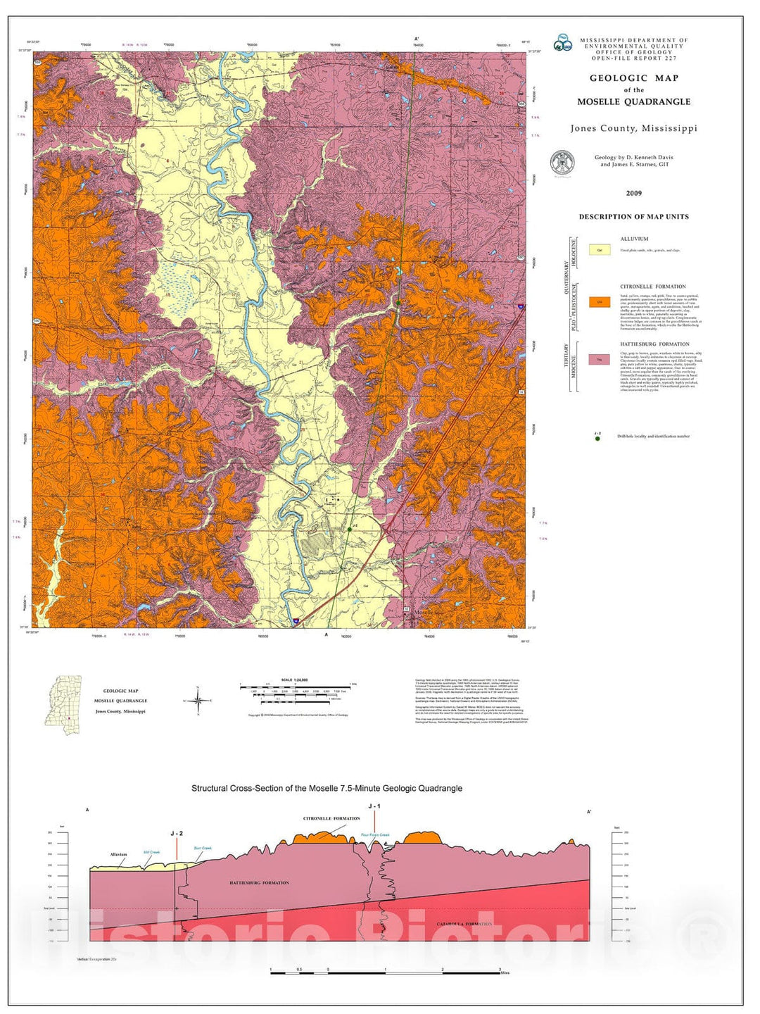 Map : Geologic map of the Moselle quadrangle, Jones County, Mississippi, 2009 Cartography Wall Art :