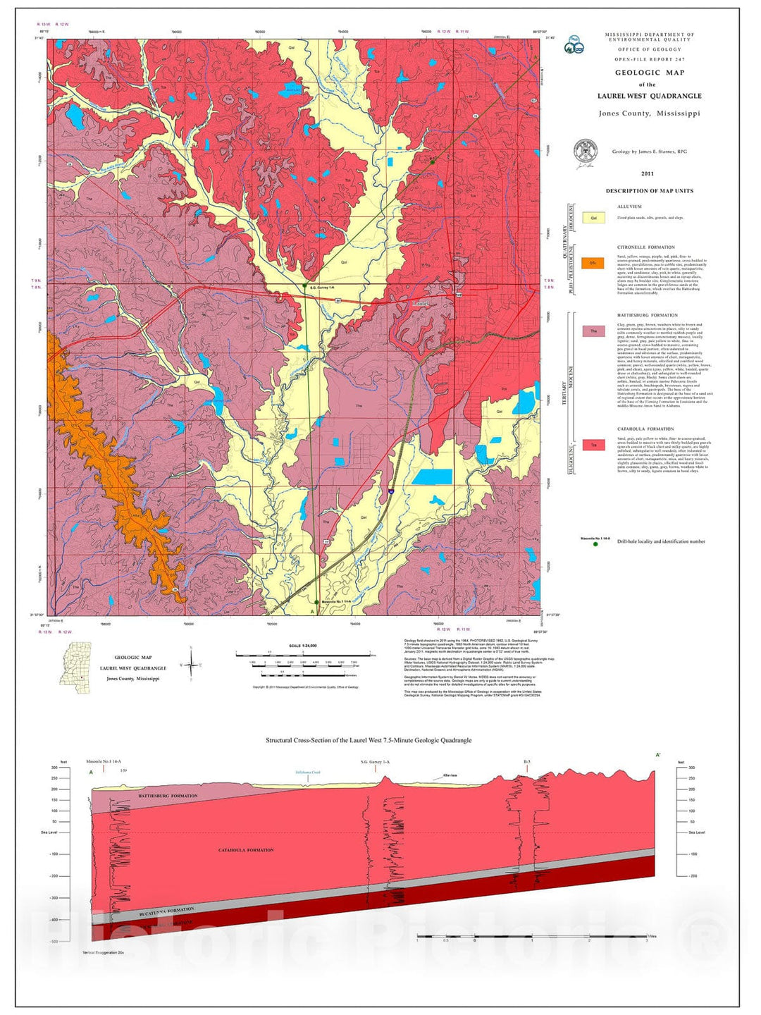 Map : Geologic map of the Laurel West quadrangle, Jones County, Mississippi, 2011 Cartography Wall Art :