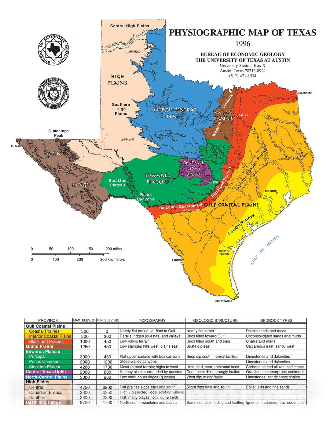 Map : Physiographic Map of Texas, 1996 Cartography Wall Art :