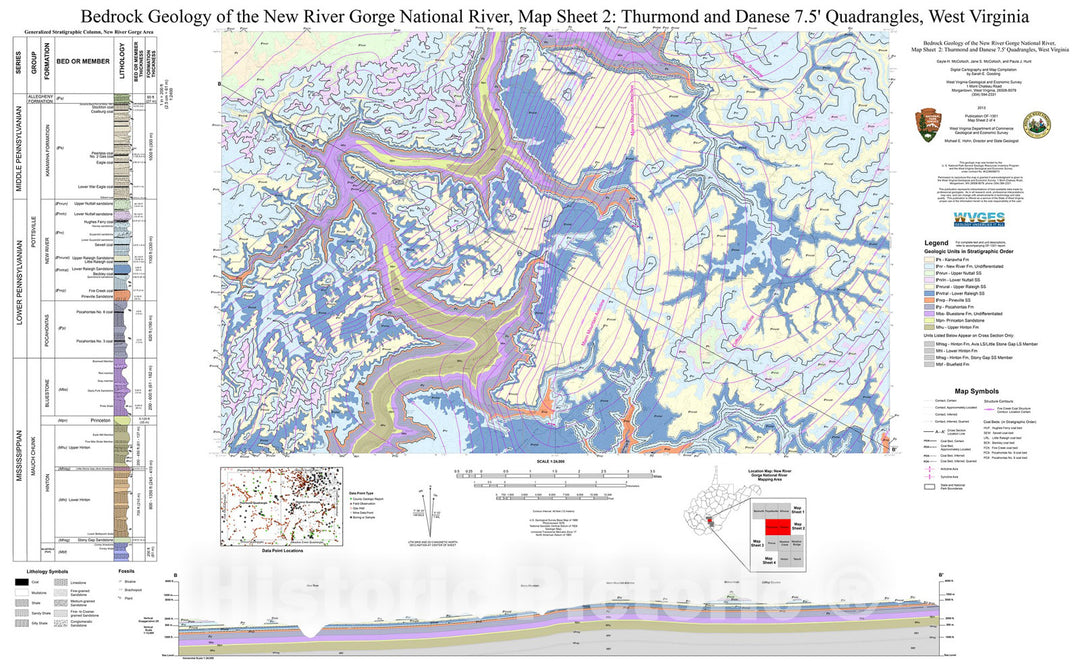 Map : Bedrock Geology of the New River Gorge National River, Map Sheet 2: Thurmond and Danese 7.5' Quadrangles, West Virginia, 2013 Cartography Wall Art :