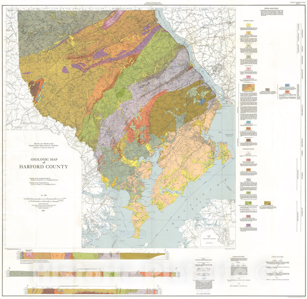Map : The geology of Harford County, Maryland, 1969 Cartography Wall Art :