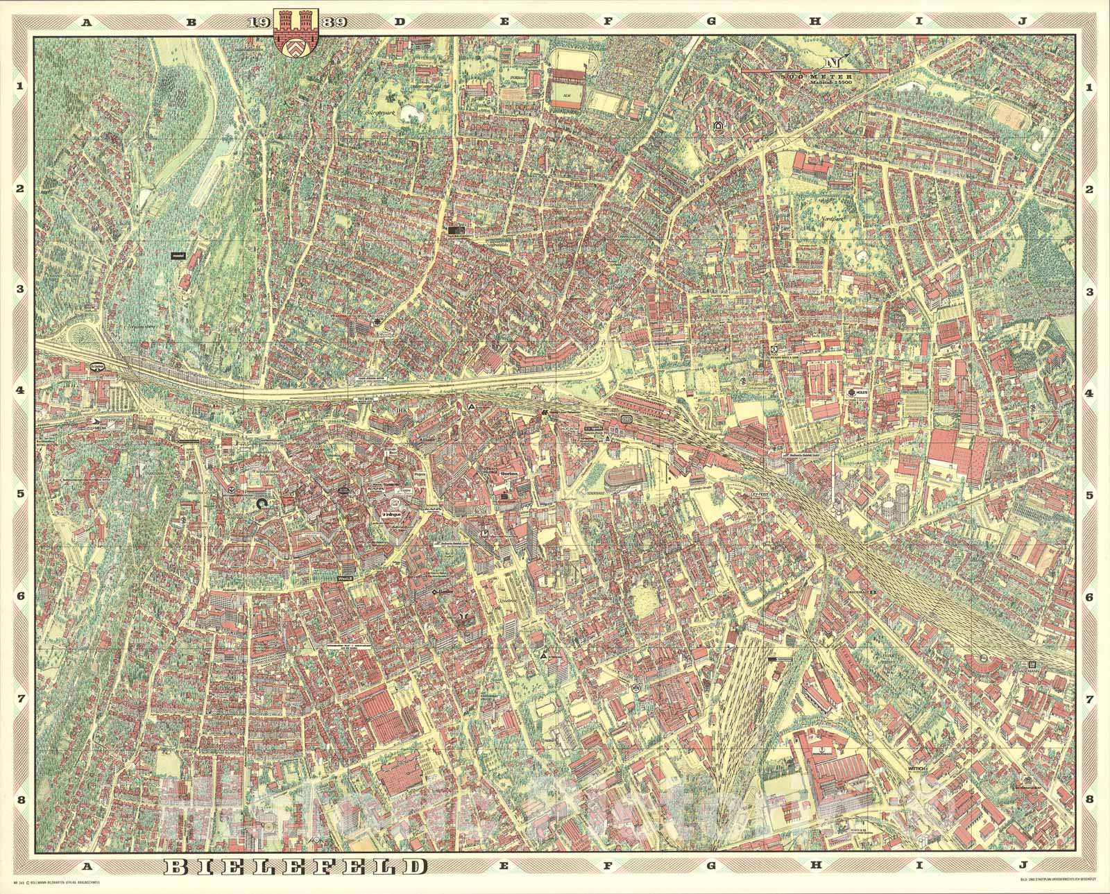 Historic Map : Bielefeld, Germany., 1989, Vintage Wall Art