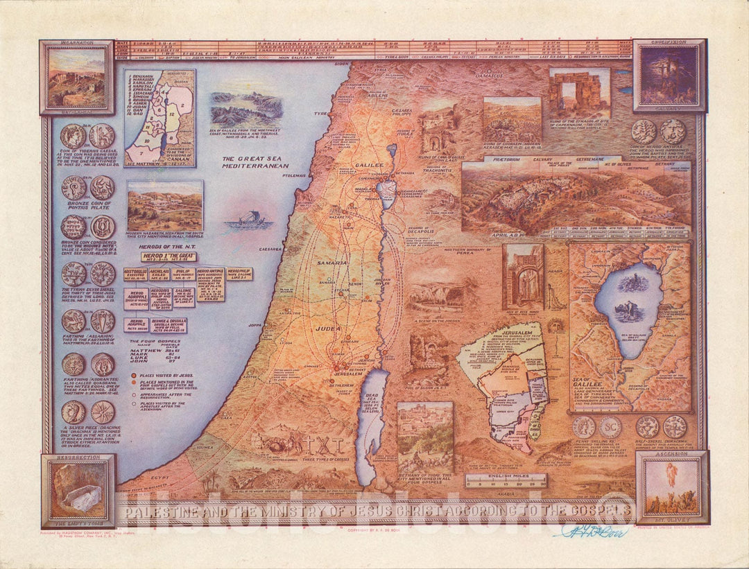 Historic Map : Palestine and the Ministry of Jesus Christ According to the Gospels., 1935, Vintage Wall Art