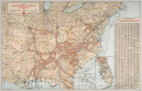 Historic Map : Map of the Southern railway system. 1929, 1929, Vintage Wall Art