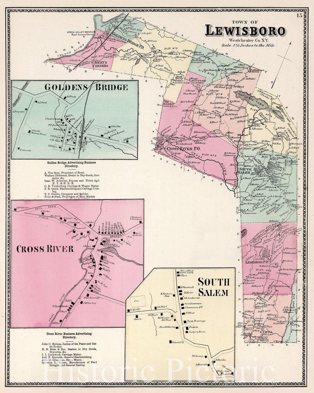 Historic Map : Town of Lewisboro, Westchester County, New York. (insets) Goldens Bridge. Cross River. South Salem., 1867, Vintage Wall Art