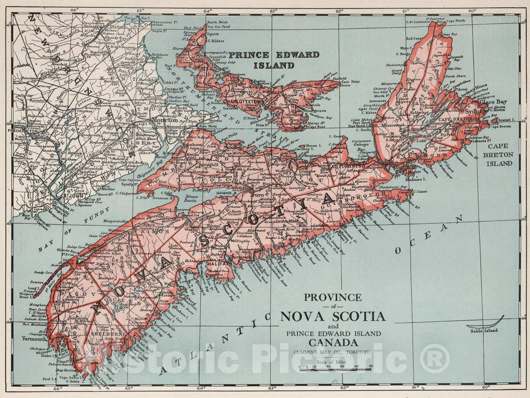 Historic Map : Province of Nova Scotia and Prince Edward Island, Canada., 1925, Vintage Wall Art