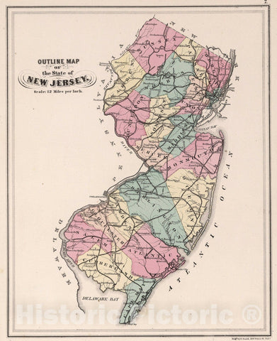 Historic Map : Outline Map of the State of New Jersey., 1873, Vintage Wall Art
