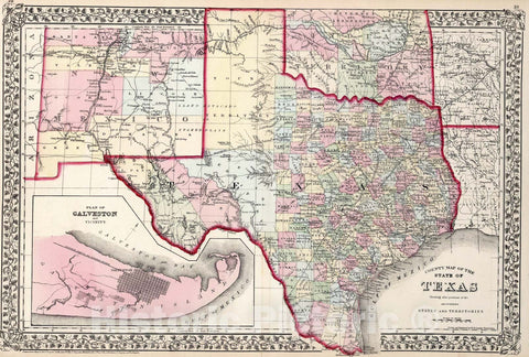 Historic Map : County map of the state of Texas, 1874, Vintage Wall Art