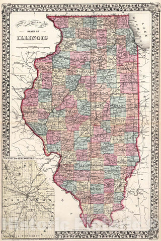 Historic Map : County and township map of the State of Illinois, 1877, Vintage Wall Art