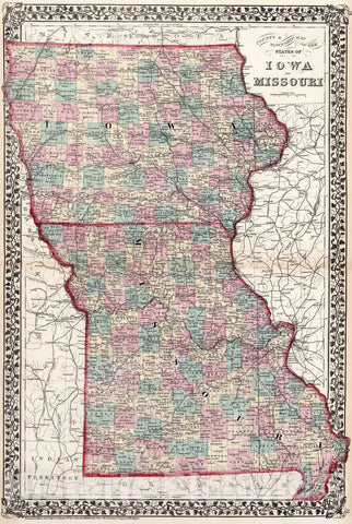 Historic Map : County and township map of the States of Iowa and Missouri, 1877, Vintage Wall Art
