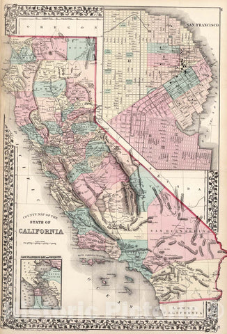 Historic Map : County map of the State of California, 1877, Vintage Wall Art