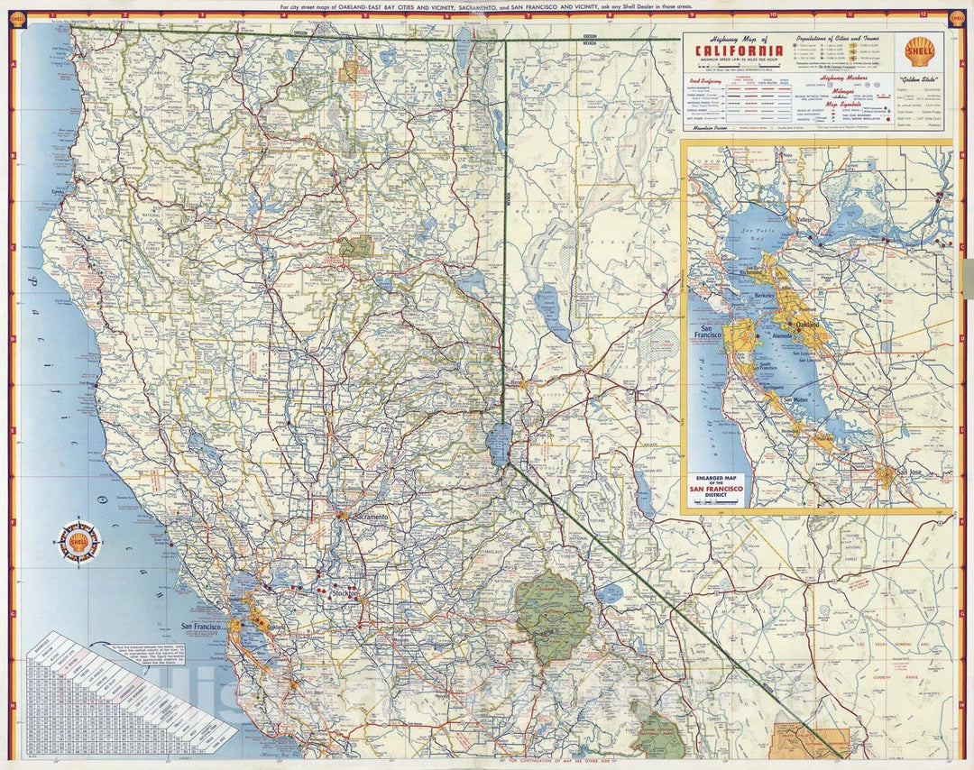 Historic Map : Shell Highway Map of California (northern portion)., 1956, Vintage Wall Art