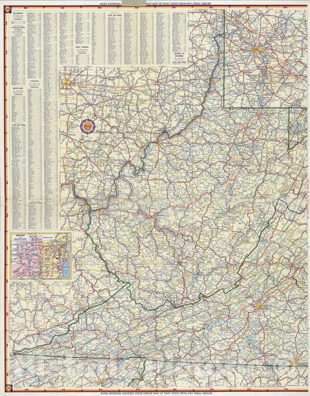 Historic Map : Shell Highway Map of Delaware - Maryland, Virginia, W. Virginia. (eastern portion)., 1956, Vintage Wall Art