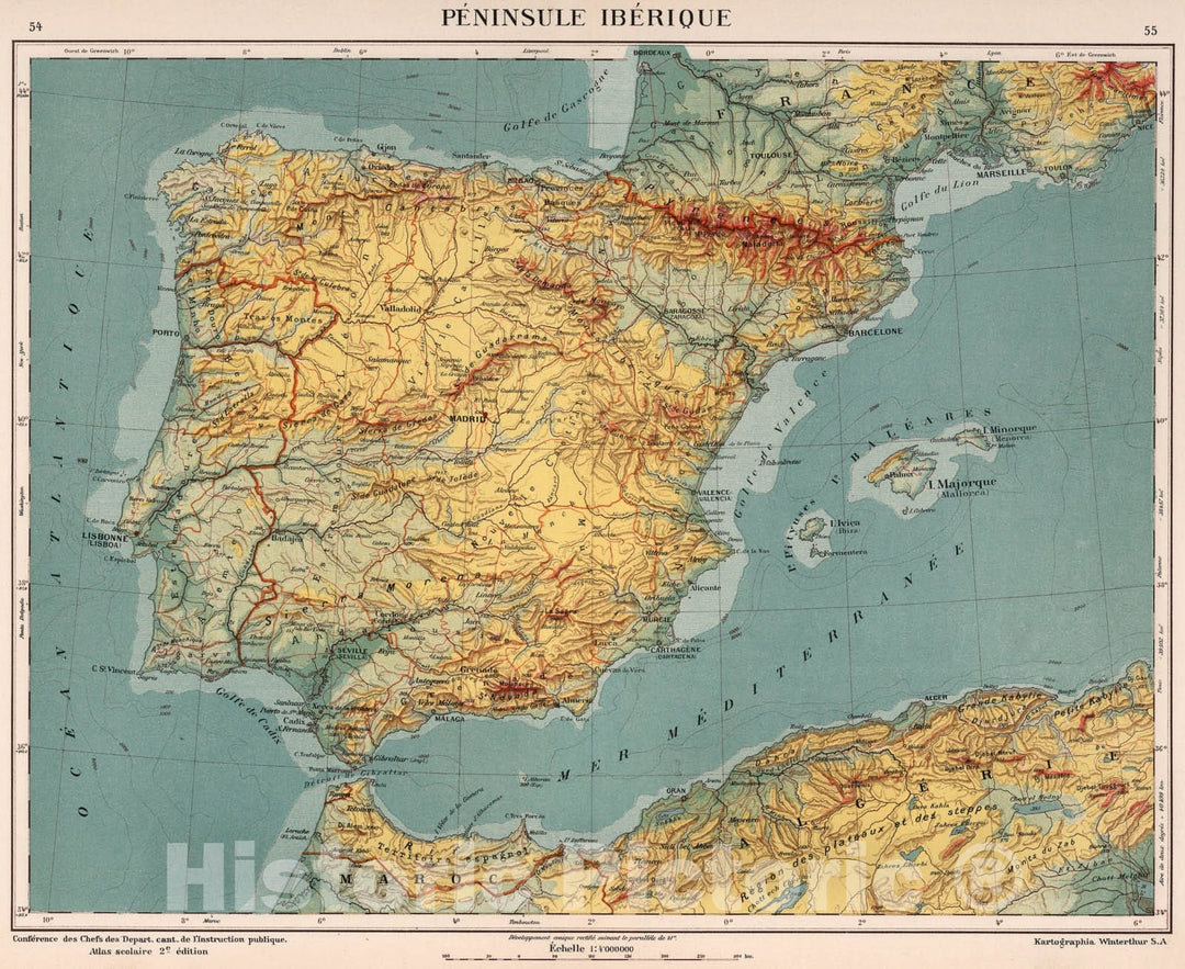 Historic Map : Peninsule Iberique, 1921, Vintage Wall Art