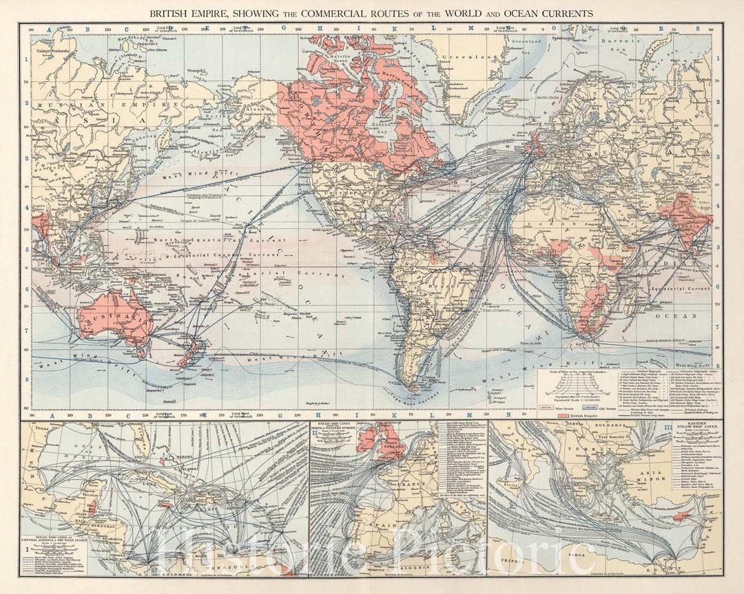 Historic Map : British Empire, showing the commercial routes of the World and ocean currents, 1900, Vintage Wall Art