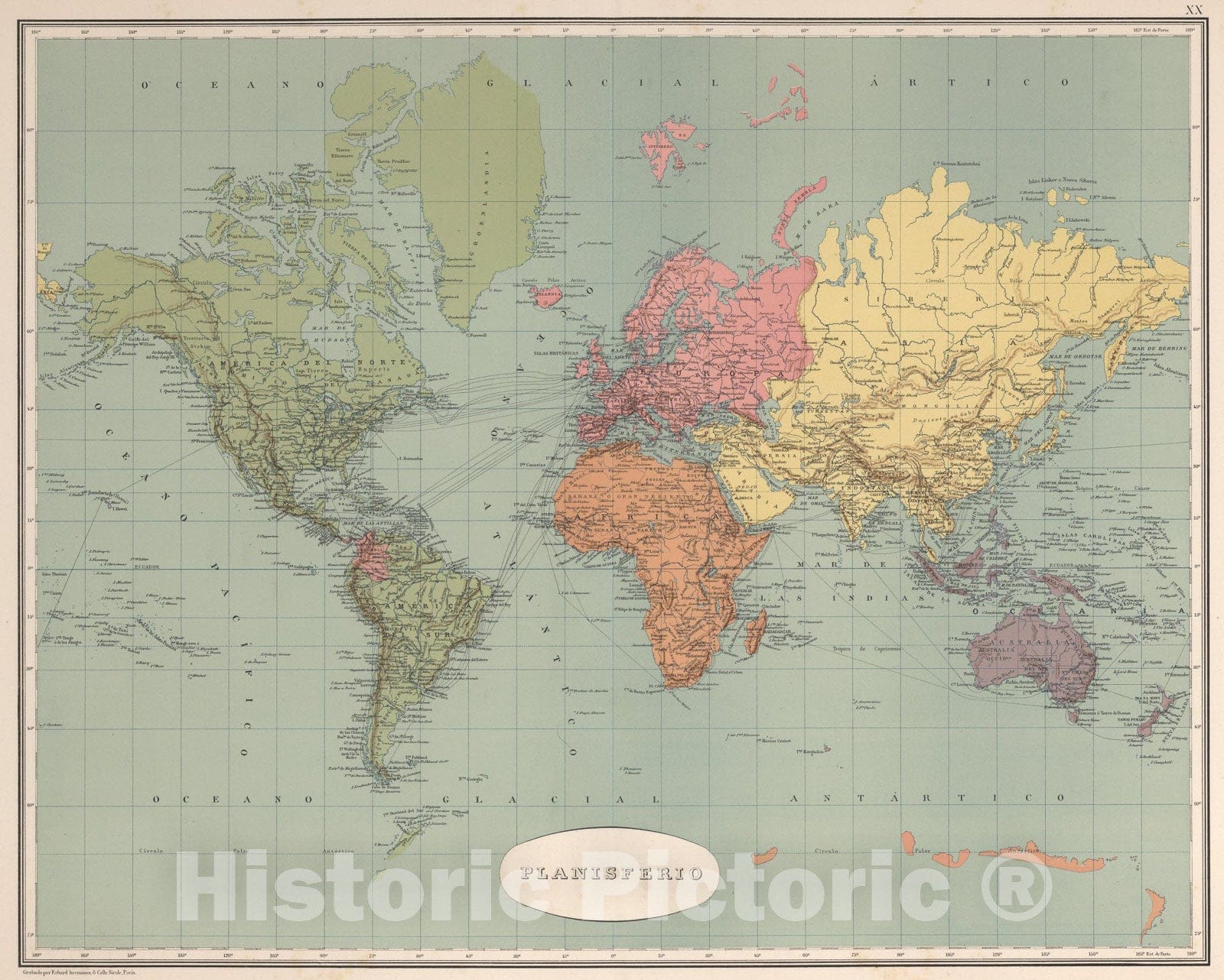 Historic Map : Planisferio, 1889, Vintage Wall Art